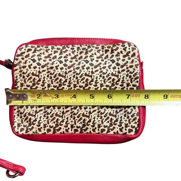 ILLI RED LEATHER TOTE BAG WITH LEOPARD PRINT LINING & MATCHING POUCH - Picture 7 of 8